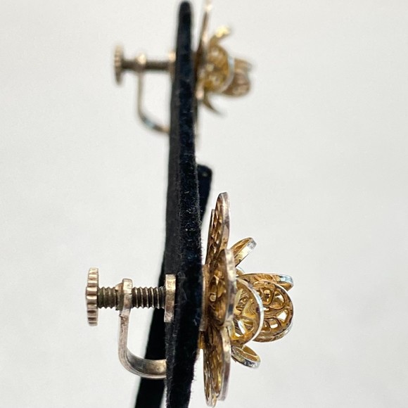 Mexico Sterling Earrings Vintage Flower Filagree Screw Back - Picture 5 of 11